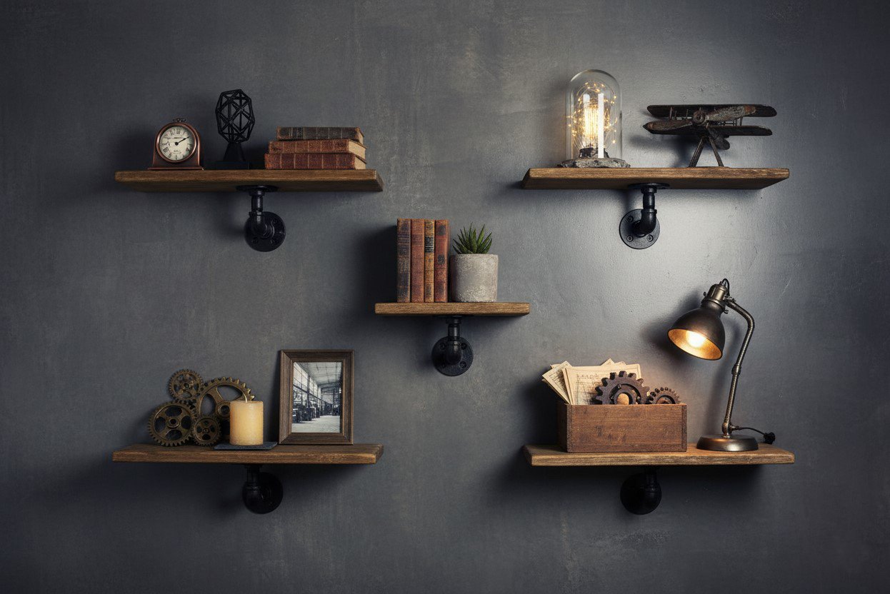 repisa de tuberia industrial y madera steampunk
