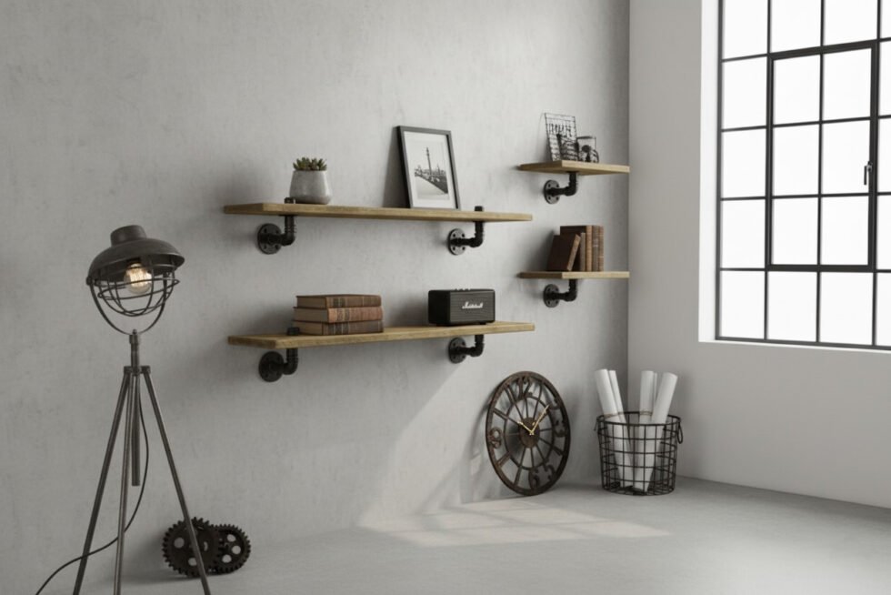 repisa doble de tuberia industrial y madera steampunk