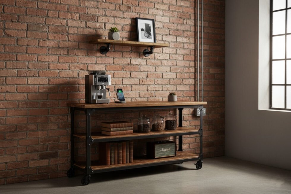 repisa de tuberia industrial y madera steampunk