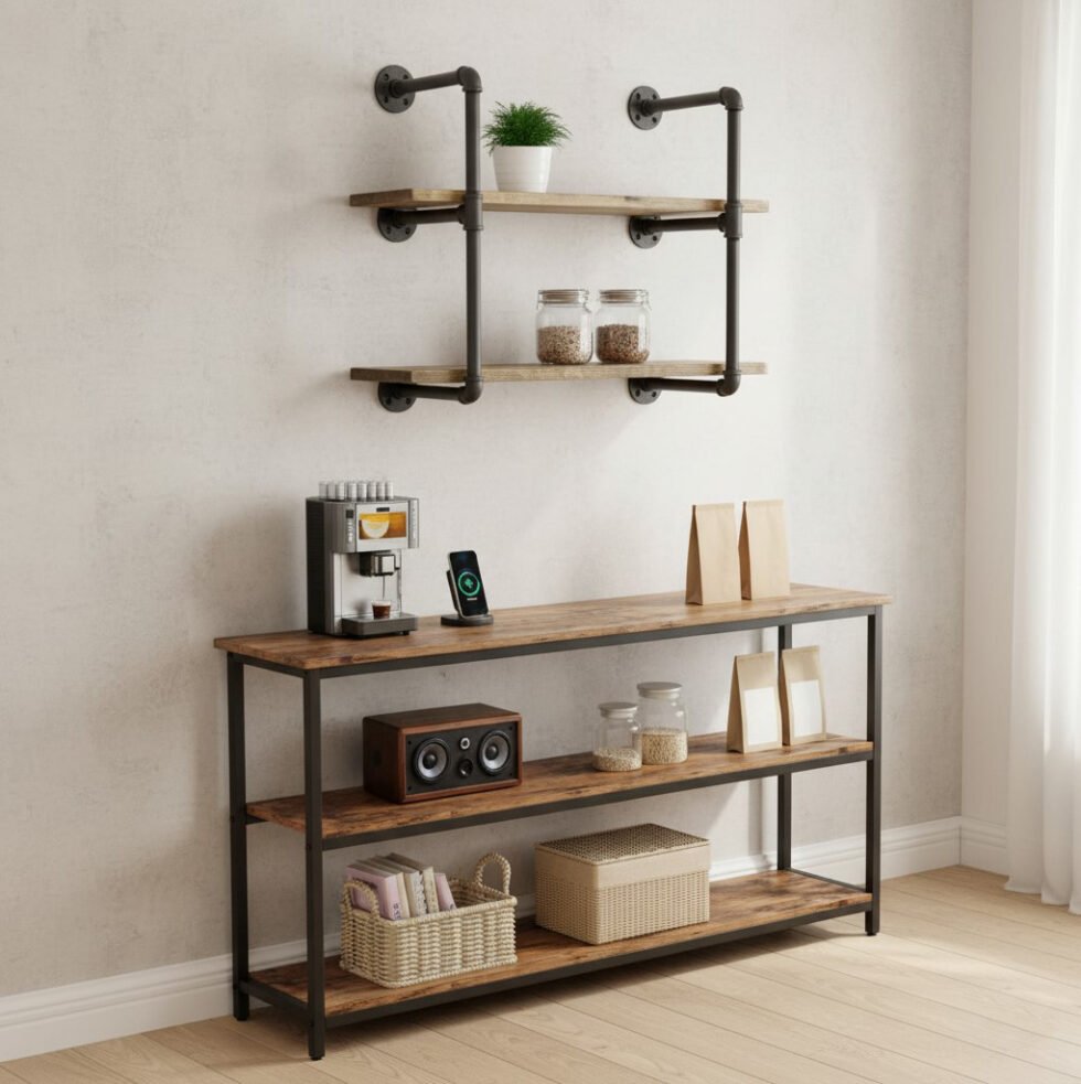 repisa doble de tuberia industrial y madera steampunk