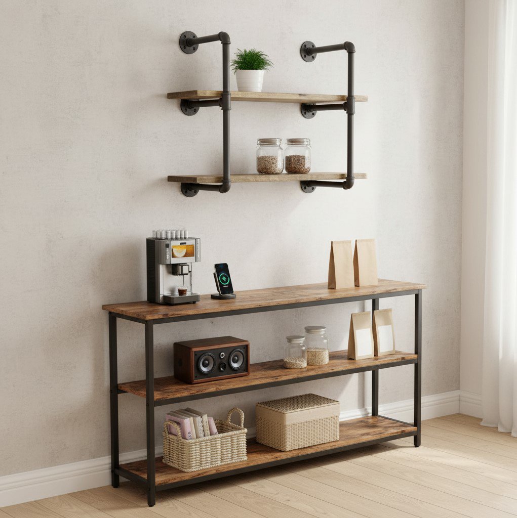 repisa doble de tuberia industrial y madera steampunk