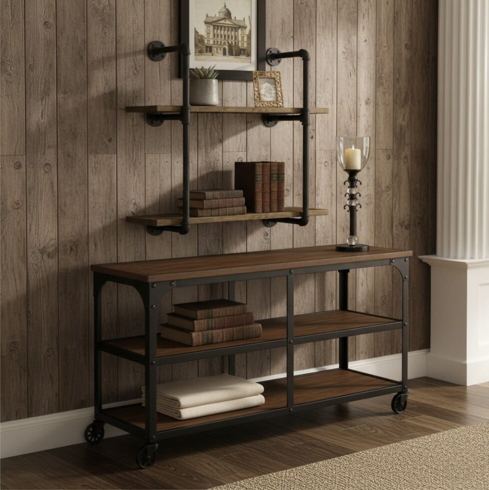 repisa doble de tuberia industrial y madera steampunk