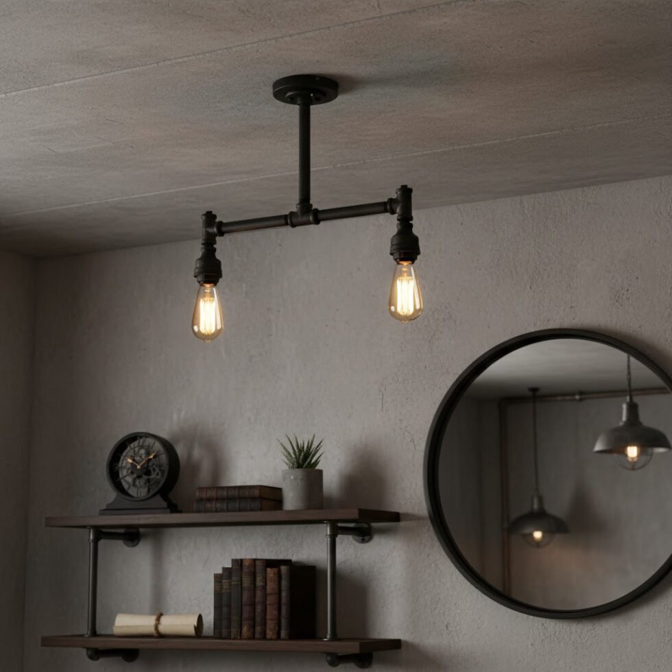 lampara doble de tuberia industrial steampunk