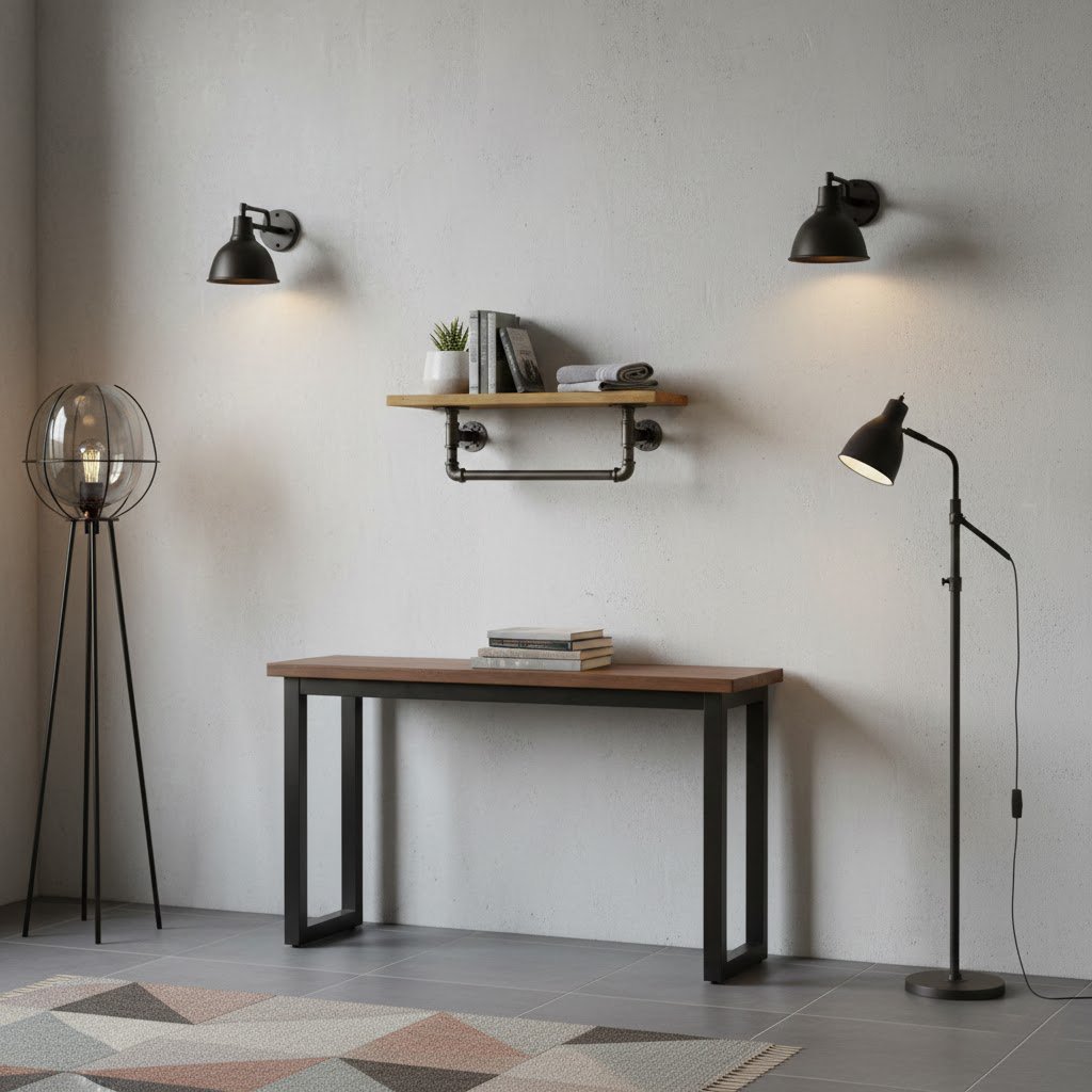 repisa de tuberia industrial y madera steampunk